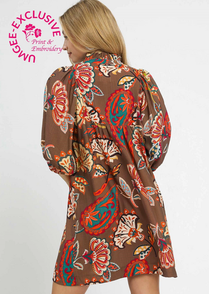 Abstract Print Puff Sleeve Babydoll Dress