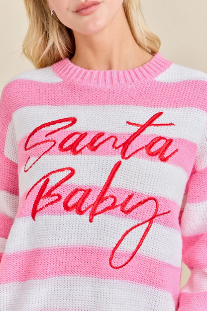 Santa Baby Pink Stripe Knit Sweater Festive Holiday Pullover