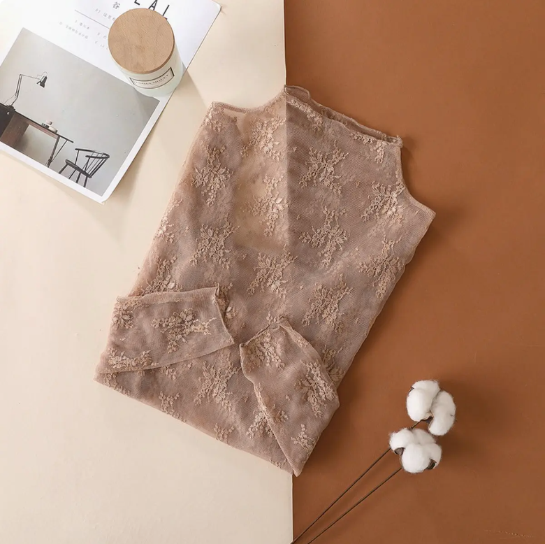 Semi Sheer Mesh Lace Sexy Slim Bottoming Shirt
