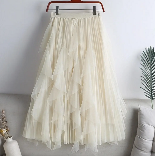 Tulle Skirt Mid-Length High Waist Pleated