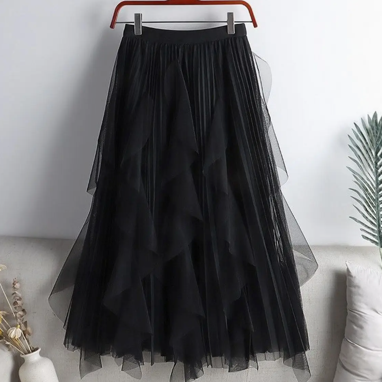 Tulle Skirt Mid-Length High Waist Pleated