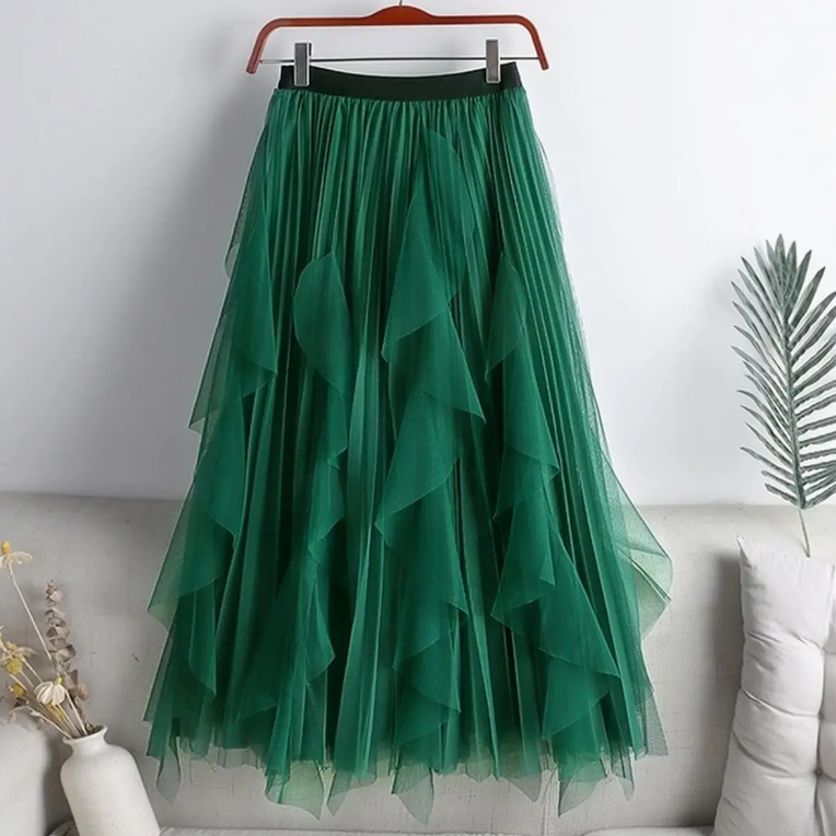 Tulle Skirt Mid-Length High Waist Pleated