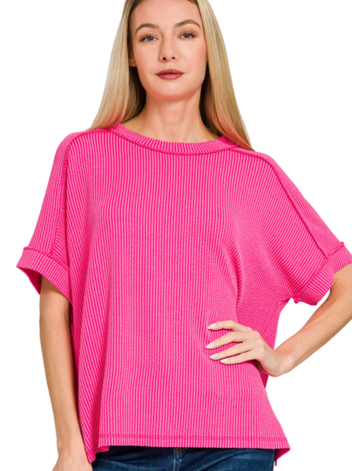 Raised Rib Cuff Sleeve Raw Edge Top