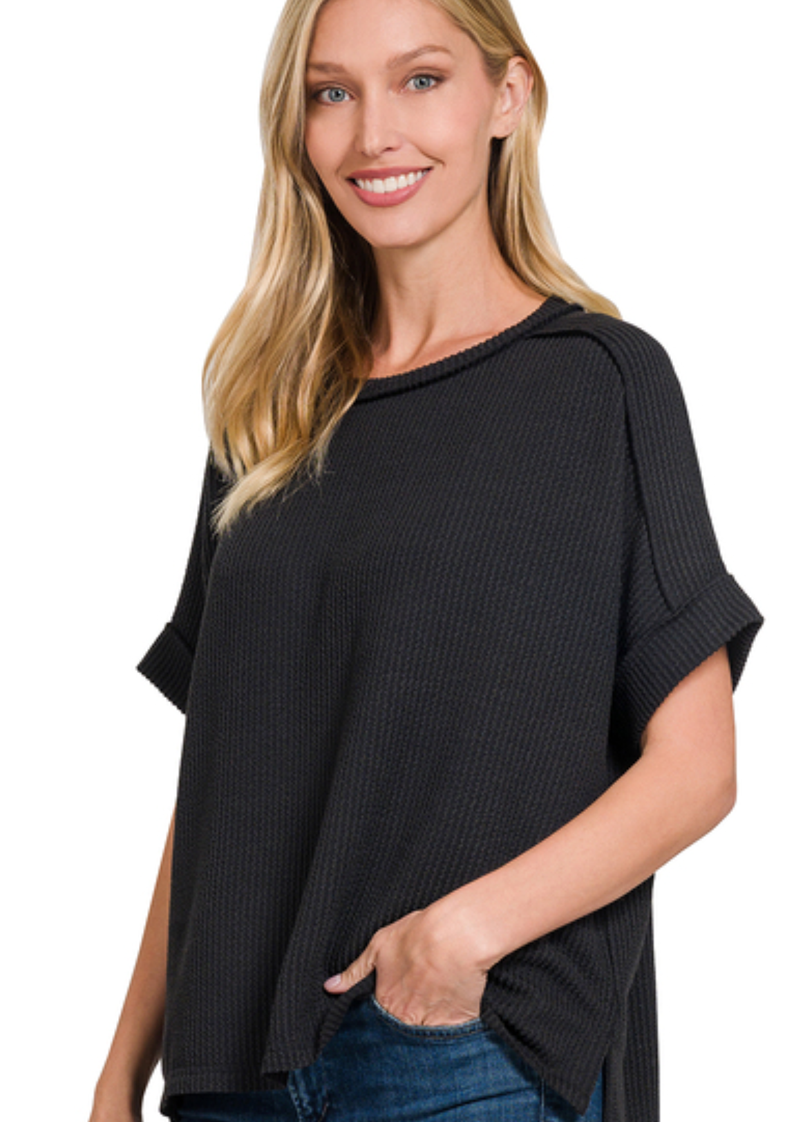 Raised Rib Cuff Sleeve Raw Edge Top