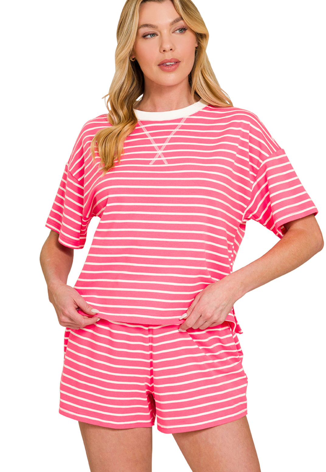Striped Round Neck Tee & Shorts Set
