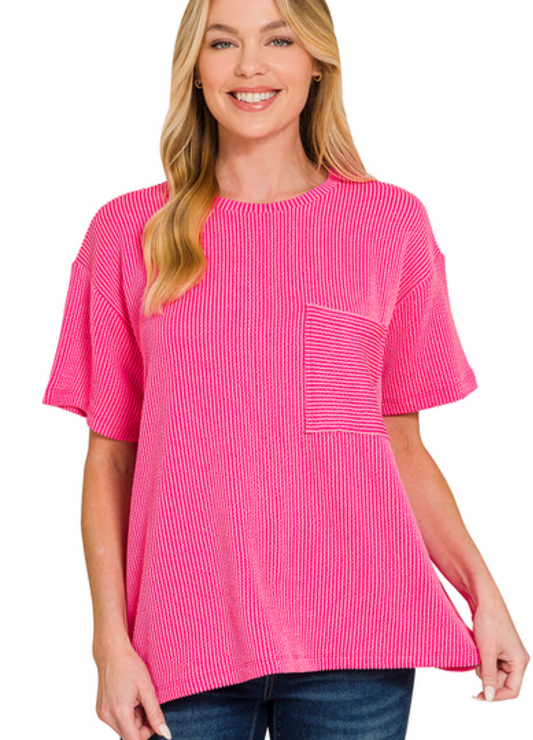 Raised Rib Short Sleeve Front Pocket Top
