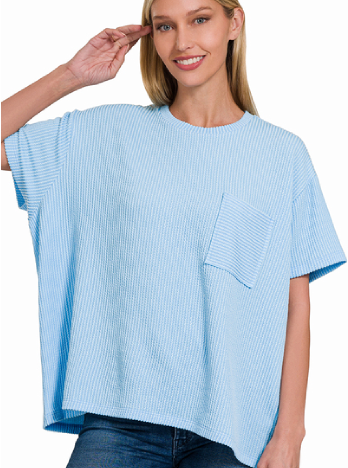 Raised Rib Short Sleeve Front Pocket Top