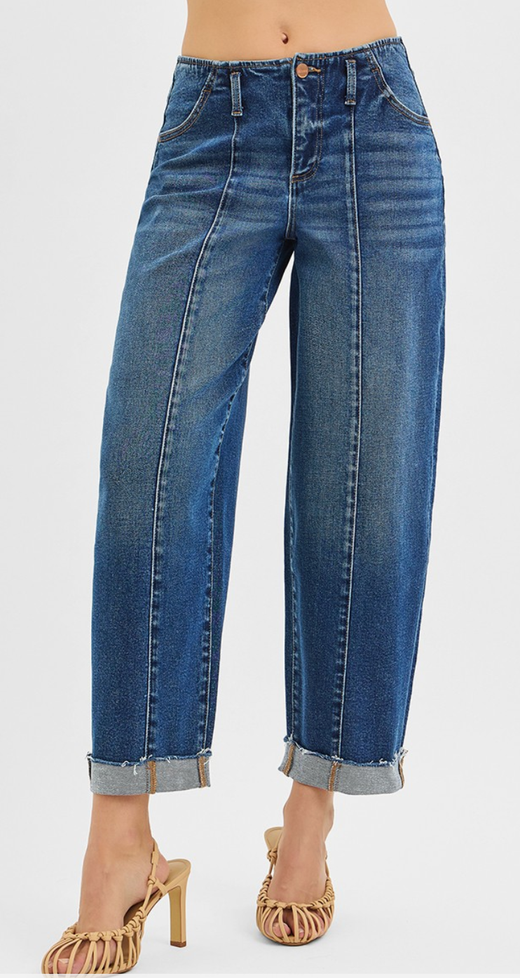 High Rise Fit Barrel Cuffed Jeans