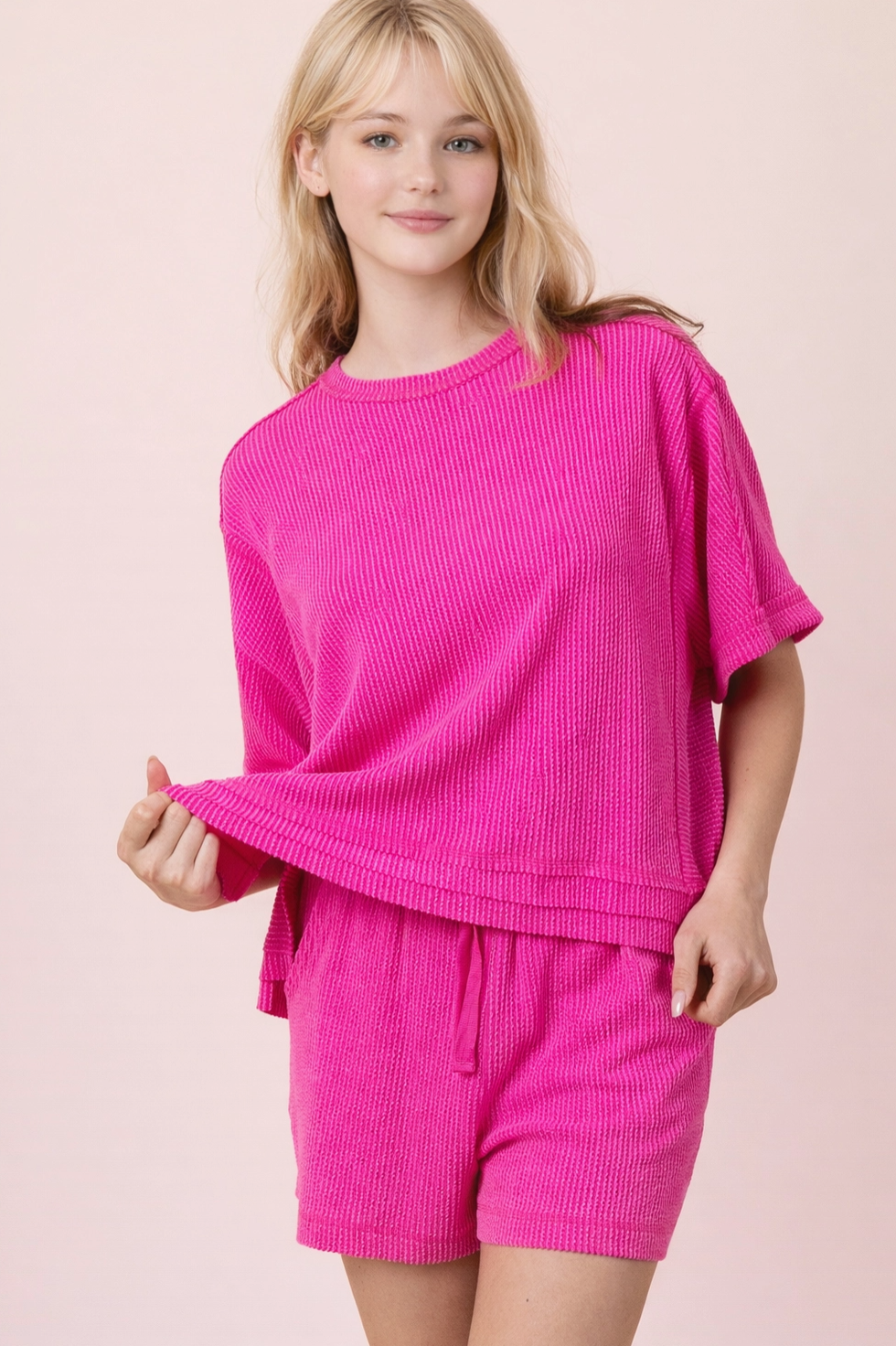 Ribbed Knit Comfy Top & Shorts Set