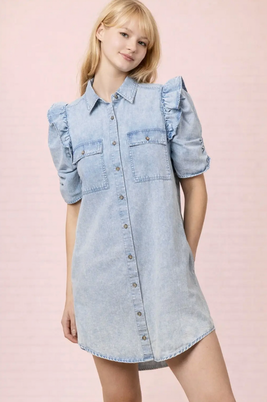 Mineral Washed Button Down Mini Shirt Dress