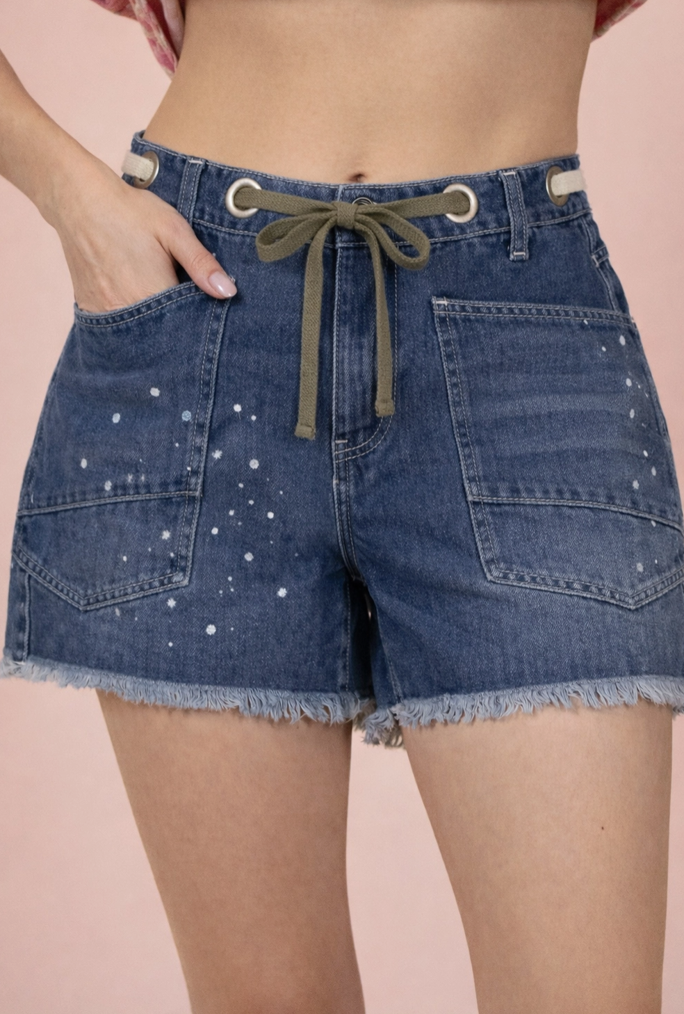 Paint Splatter Detail Wash Denim Shorts