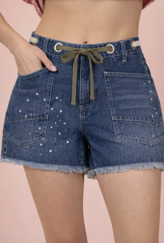 Paint Splatter Detail Wash Denim Shorts