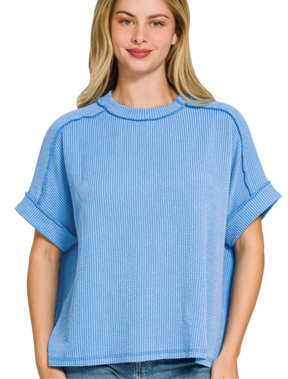 Raised Rib Cuff Sleeve Raw Edge Top