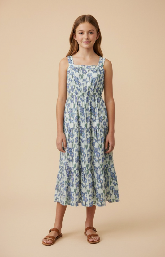 Girls Floral Print Pleat Detail Sleeveless Poplin Dress