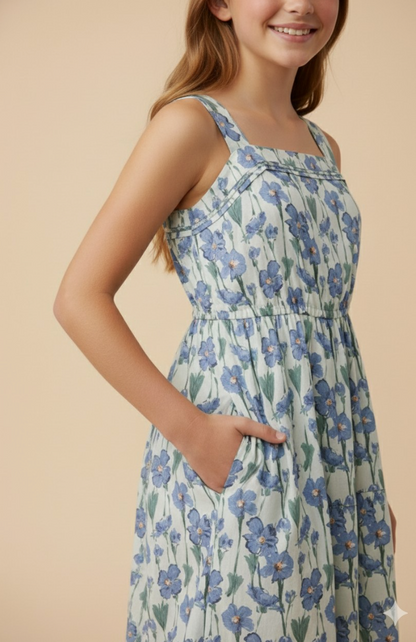 Girls Floral Print Pleat Detail Sleeveless Poplin Dress
