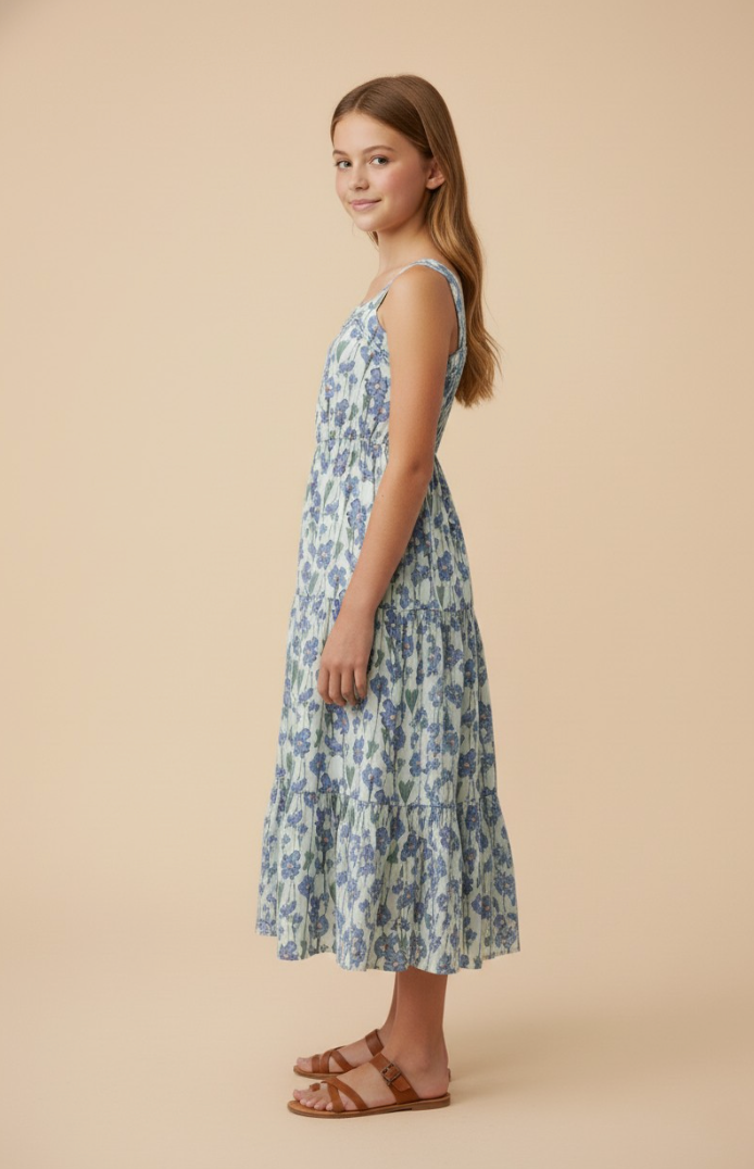 Girls Floral Print Pleat Detail Sleeveless Poplin Dress