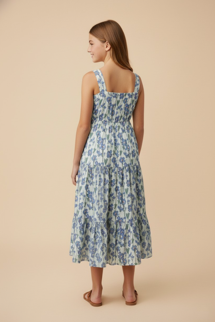 Girls Floral Print Pleat Detail Sleeveless Poplin Dress