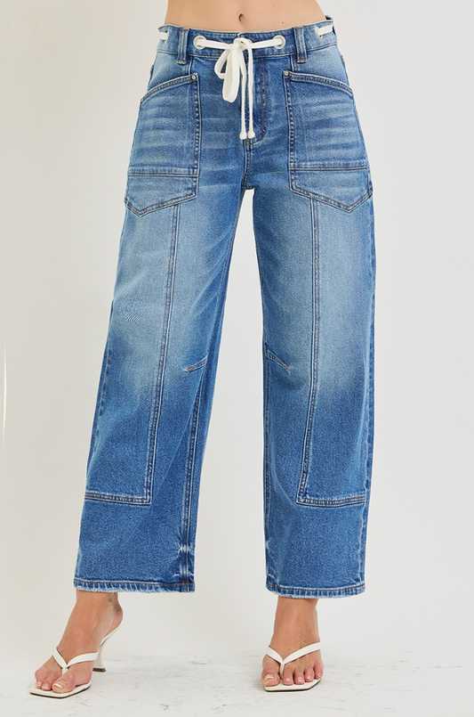 Slouchy Crop Barrel Eyelet Waistband Details Jeans by Risen