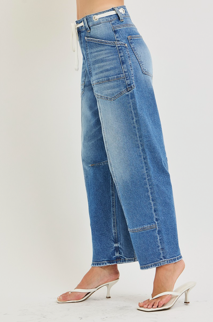 Slouchy Crop Barrel Eyelet Waistband Details Jeans by Risen