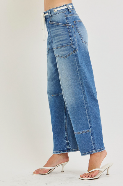 Slouchy Crop Barrel Eyelet Waistband Details Jeans by Risen