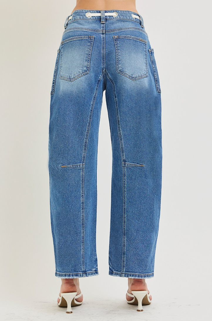 Slouchy Crop Barrel Eyelet Waistband Details Jeans by Risen