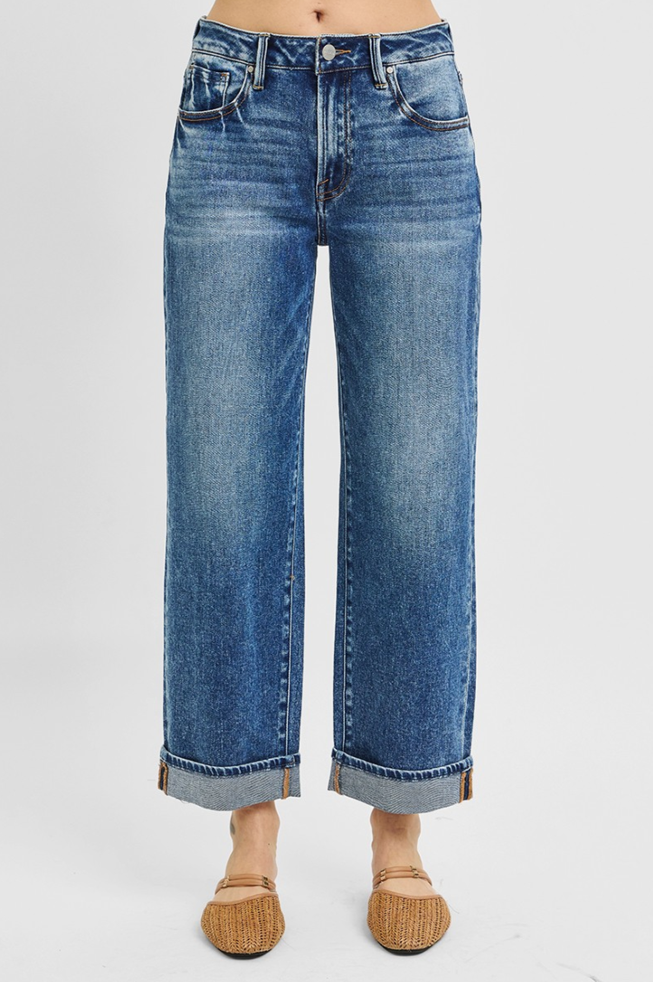 Mid Rise Ankle Boyfriend Turn Up Cuffed Jeans by Risen