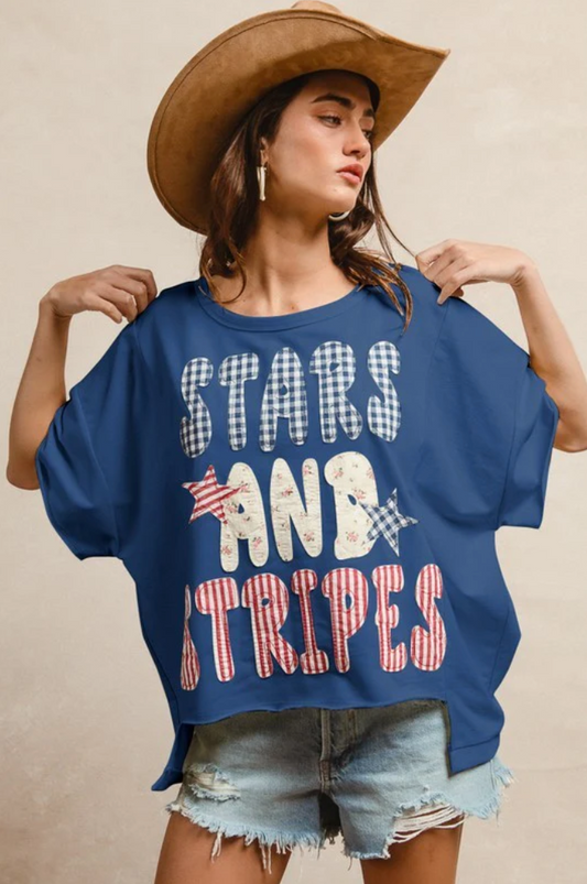 Mix and Match Stars and Stripes Patchwork Short Sleeves Top