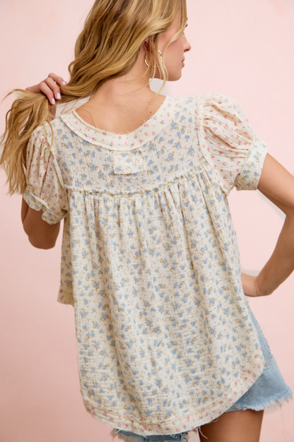 Floral Crinkle Cotton Neckdrop Short Sleeve Blouse Top