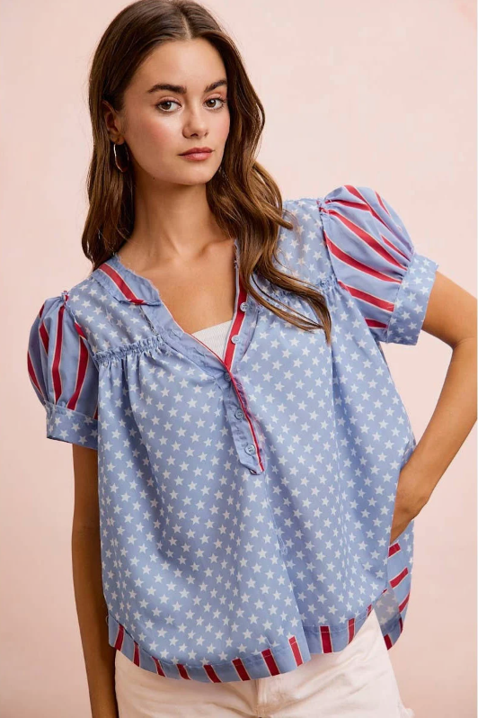 4th of July Stripe w/ Stars Puffed Sleeve Top