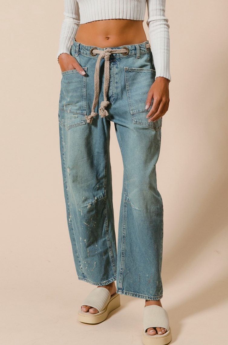 Braided Waist Belt Drip Painting Detail Washed Denim Pants
