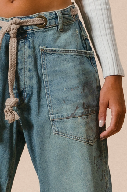 Braided Waist Belt Drip Painting Detail Washed Denim Pants