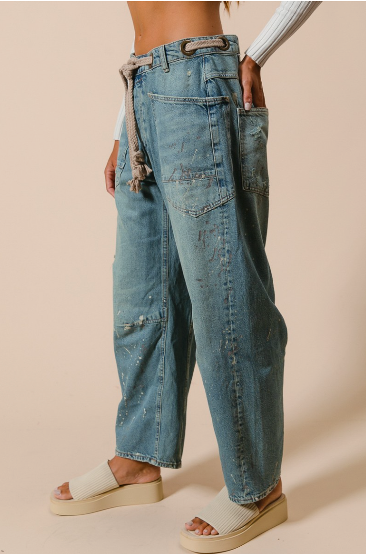 Braided Waist Belt Drip Painting Detail Washed Denim Pants
