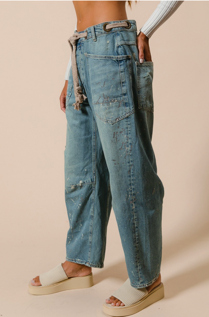 Braided Waist Belt Drip Painting Detail Washed Denim Pants