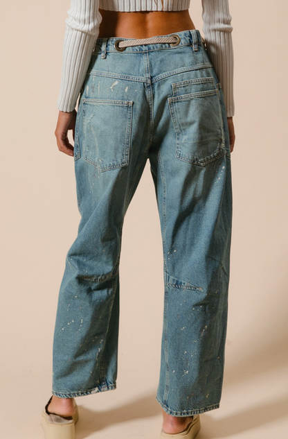 Braided Waist Belt Drip Painting Detail Washed Denim Pants
