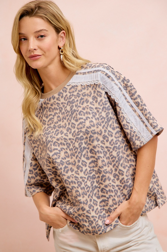 Leopard Terry Side Detail Short Sleeve Top