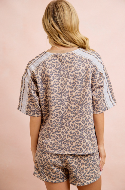 Leopard Terry Side Detail Short Sleeve Top