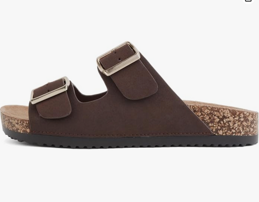 Brown Jete Women Slide Sandals with Two Buckle Straps