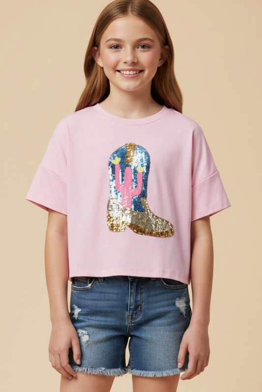 Girls Sequined Cactus Boot Patch Knit T Shirt