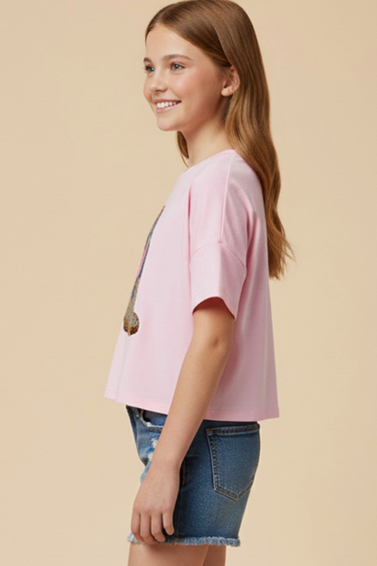 Girls Sequined Cactus Boot Patch Knit T Shirt