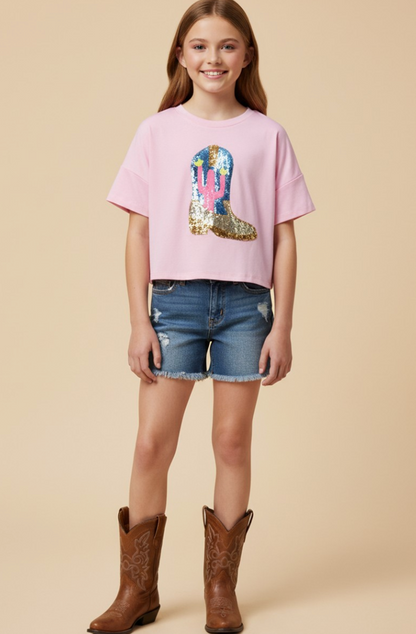 Girls Sequined Cactus Boot Patch Knit T Shirt