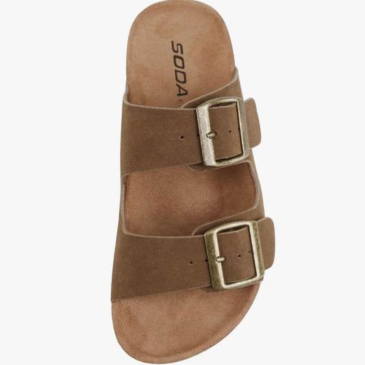 Tan Jete Women Slide Sandals with Two Buckle Straps
