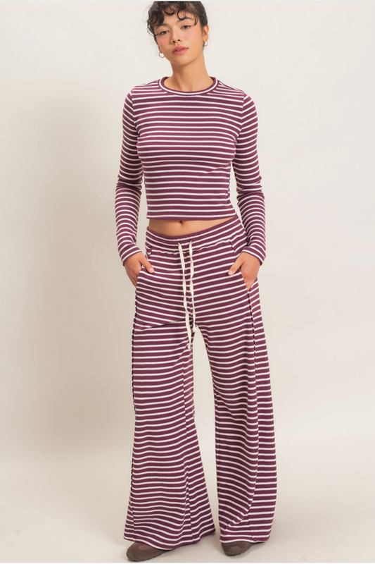 Striped Waffle Long Sleeve Top & Pants Set