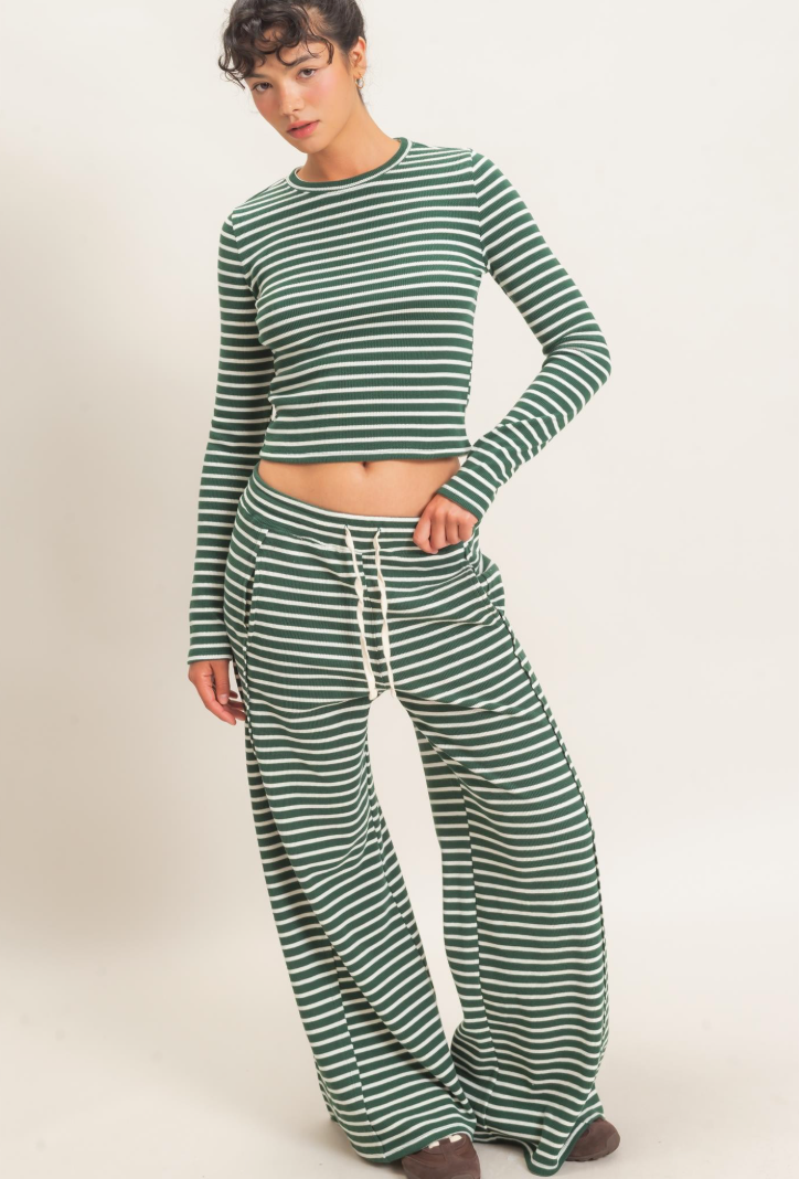 Striped Waffle Long Sleeve Top & Pants Set