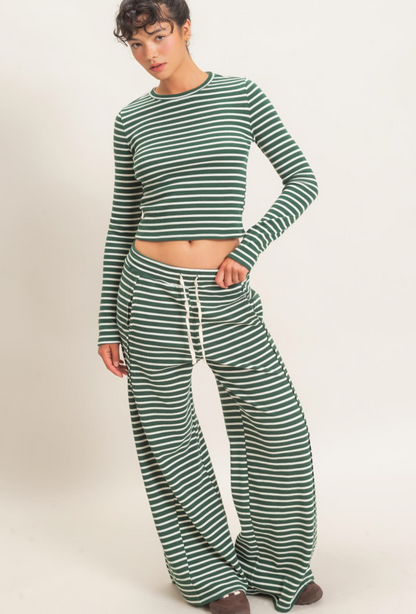 Striped Waffle Long Sleeve Top & Pants Set