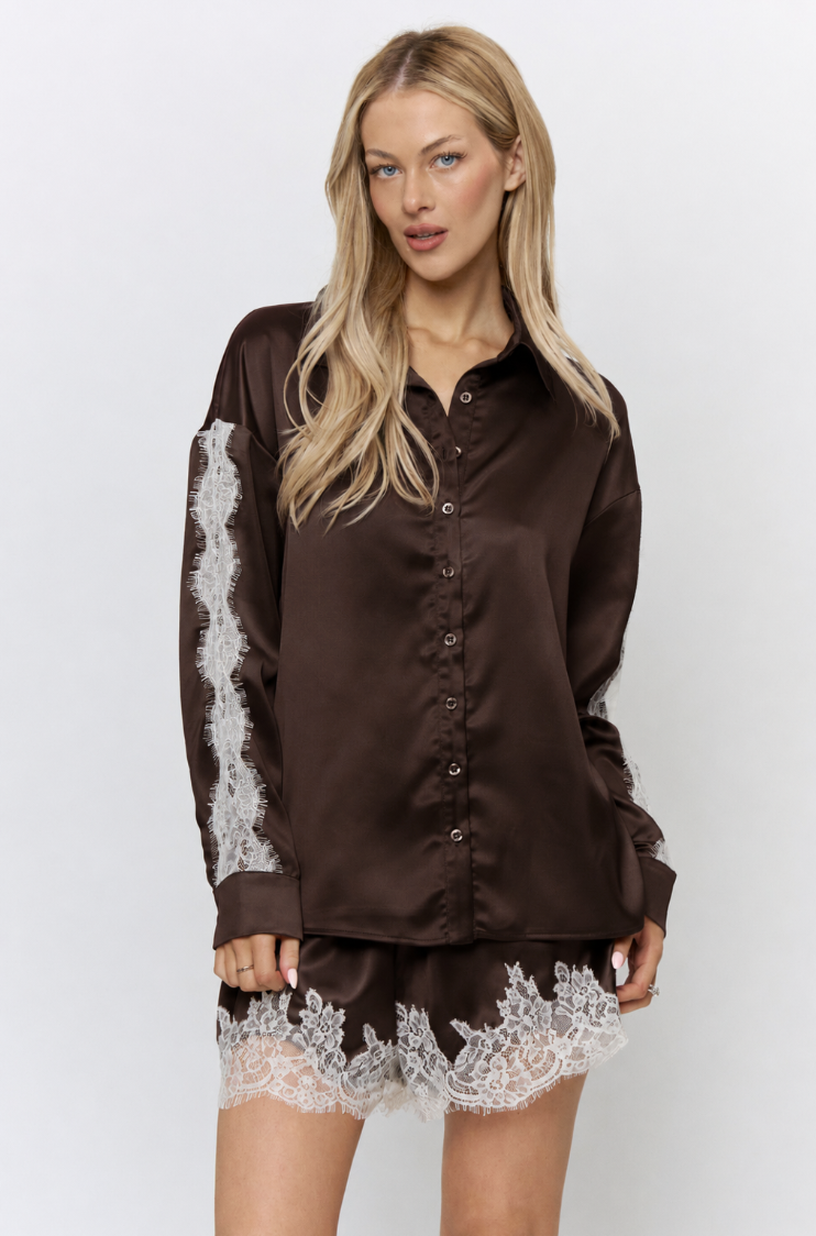 Scallop Edge Lace Trim Detail Shirts & Shorts Set