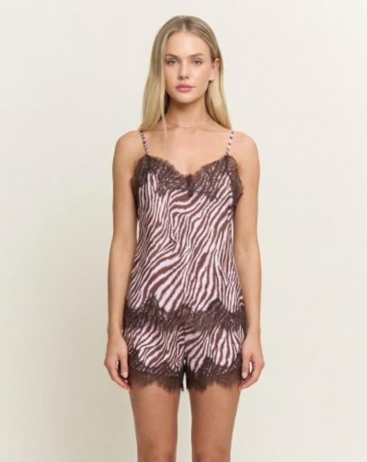 Striped Lace Trim Detailed Assymetric Hem Cami Satin Top