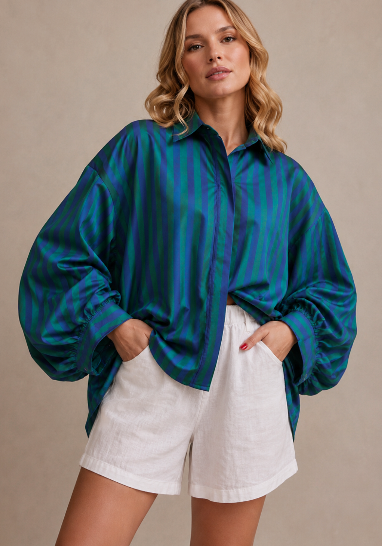 Oversized Striped Shirt With Balloon Dolman Sleeve Top