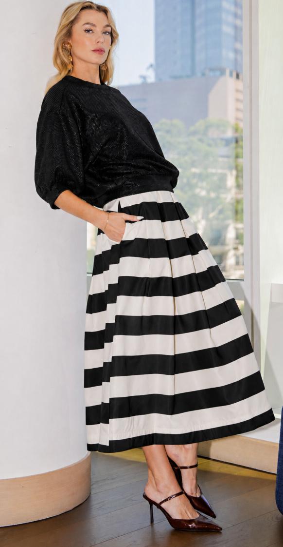 Pleated A-Line Striped Midi Skirt