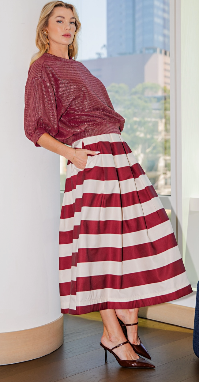 Pleated A-Line Striped Midi Skirt
