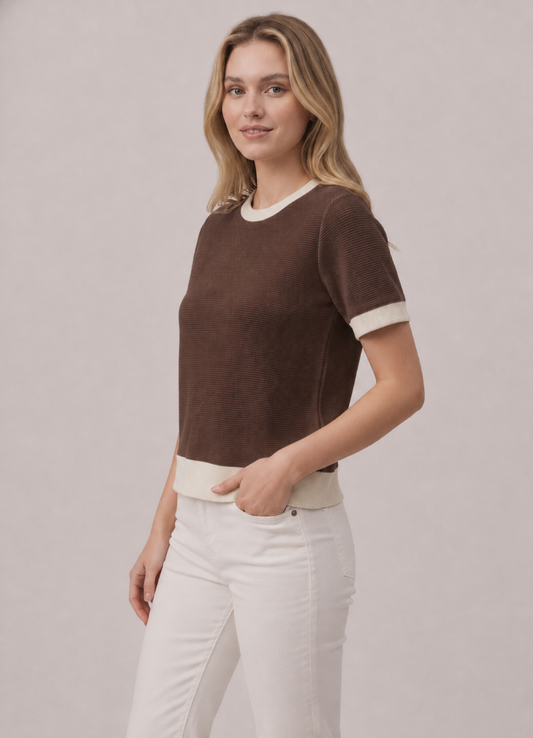 Cloudy Knit Color Accent S/s Round Neck Top